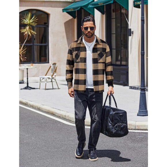 Men's Buffalo Brown Flannel Shirts Casual Button Down Plaid Shirt with Pockets - Picture 3 of 6